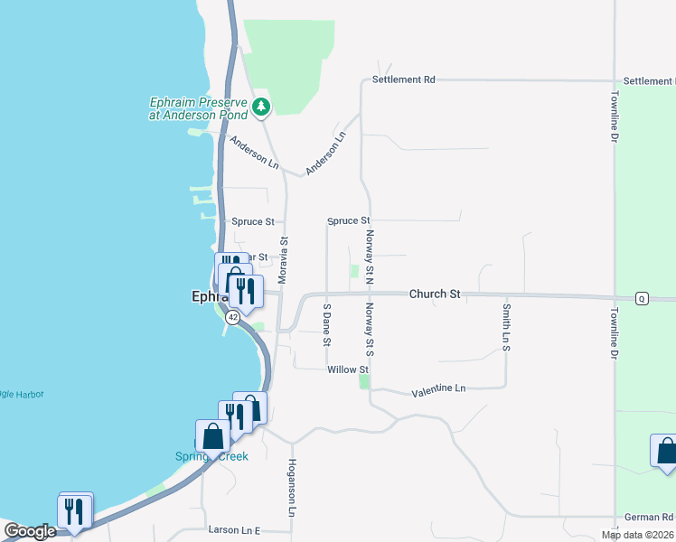 map of restaurants, bars, coffee shops, grocery stores, and more near 10011 Iverson Lane in Sister Bay