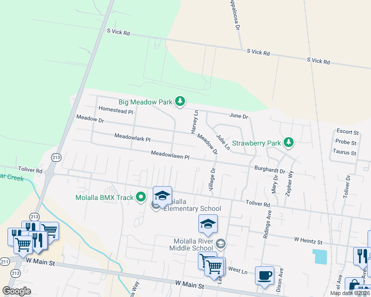 map of restaurants, bars, coffee shops, grocery stores, and more near 880 Meadowlark Place in Molalla