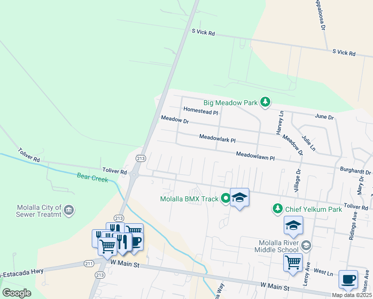 map of restaurants, bars, coffee shops, grocery stores, and more near 1306 Meadowlawn Place in Molalla