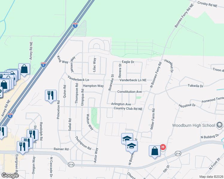 map of restaurants, bars, coffee shops, grocery stores, and more near 1579 Constitution Avenue in Woodburn