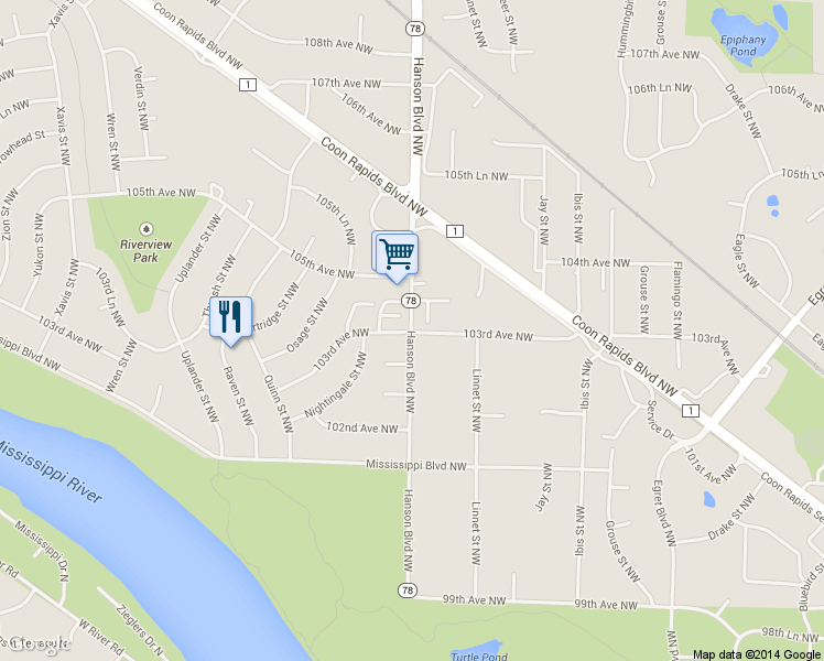 map of restaurants, bars, coffee shops, grocery stores, and more near 2005 103rd Avenue Northwest in Coon Rapids