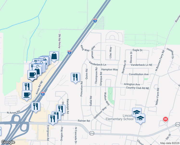 map of restaurants, bars, coffee shops, grocery stores, and more near 2015 Sallal Road in Woodburn
