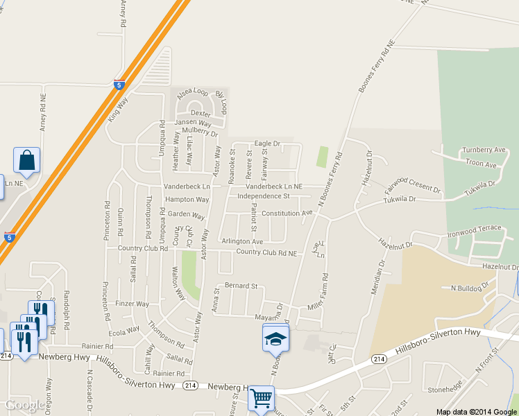 map of restaurants, bars, coffee shops, grocery stores, and more near 1389 Constitution Avenue in Woodburn