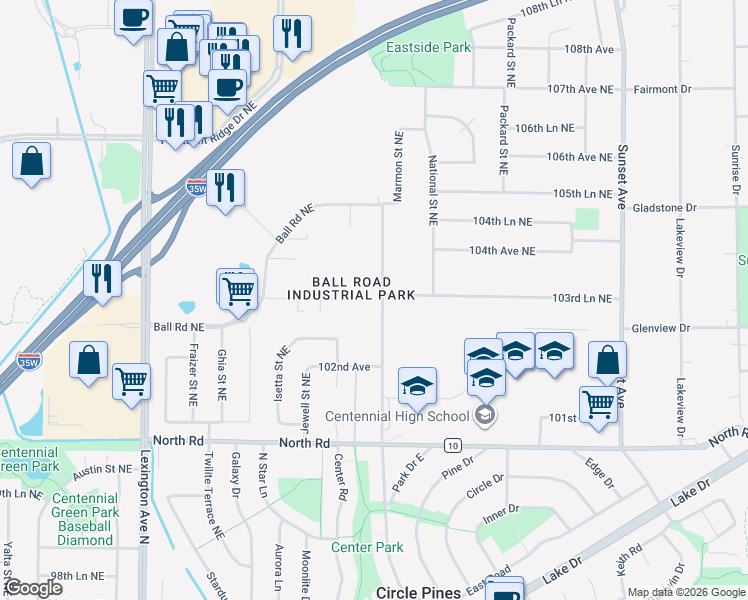 map of restaurants, bars, coffee shops, grocery stores, and more near 10322 Lever Street Northeast in Circle Pines