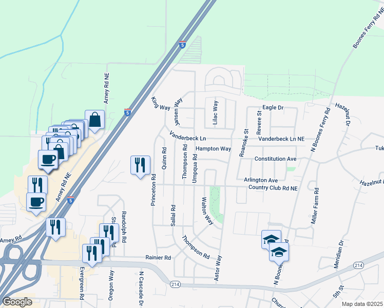 map of restaurants, bars, coffee shops, grocery stores, and more near 1765 Umpqua Road in Woodburn
