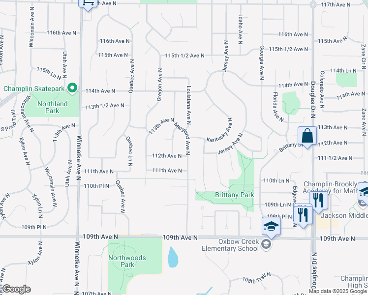map of restaurants, bars, coffee shops, grocery stores, and more near 11205 Maryland Avenue North in Champlin
