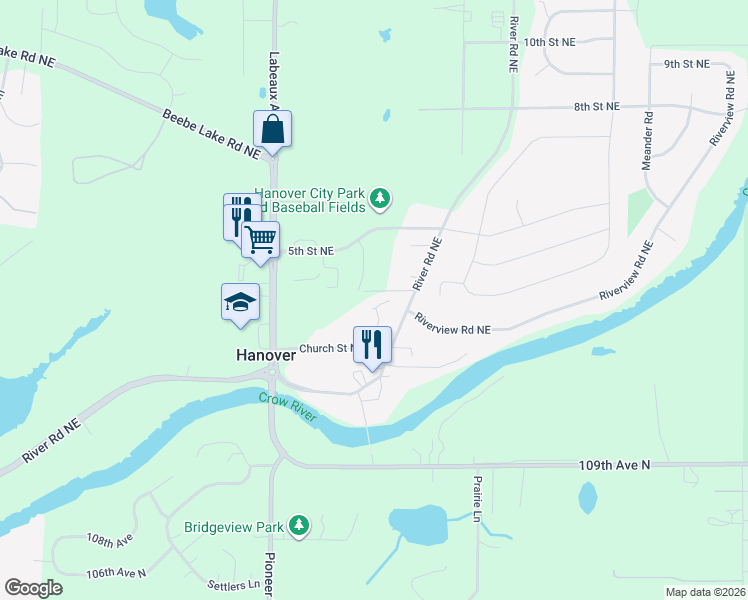 map of restaurants, bars, coffee shops, grocery stores, and more near 11218 Church Street Northeast in Hanover