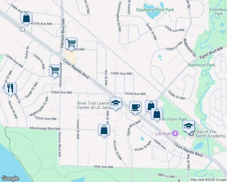 map of restaurants, bars, coffee shops, grocery stores, and more near 1709 Coon Rapids Boulevard Northwest in Coon Rapids