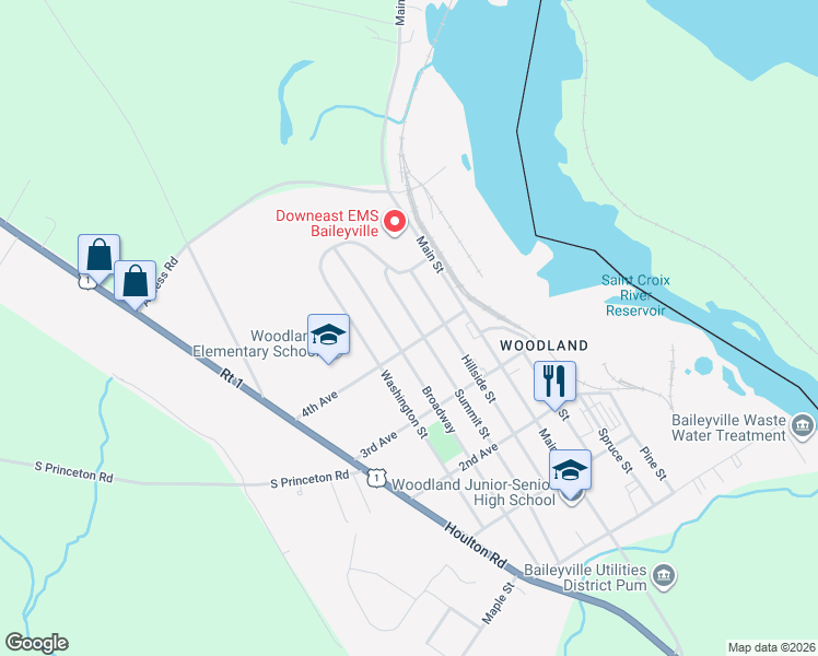 map of restaurants, bars, coffee shops, grocery stores, and more near 105 Summit Street in Baileyville