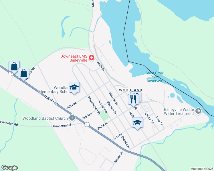 map of restaurants, bars, coffee shops, grocery stores, and more near 33 Hillside Street in Baileyville
