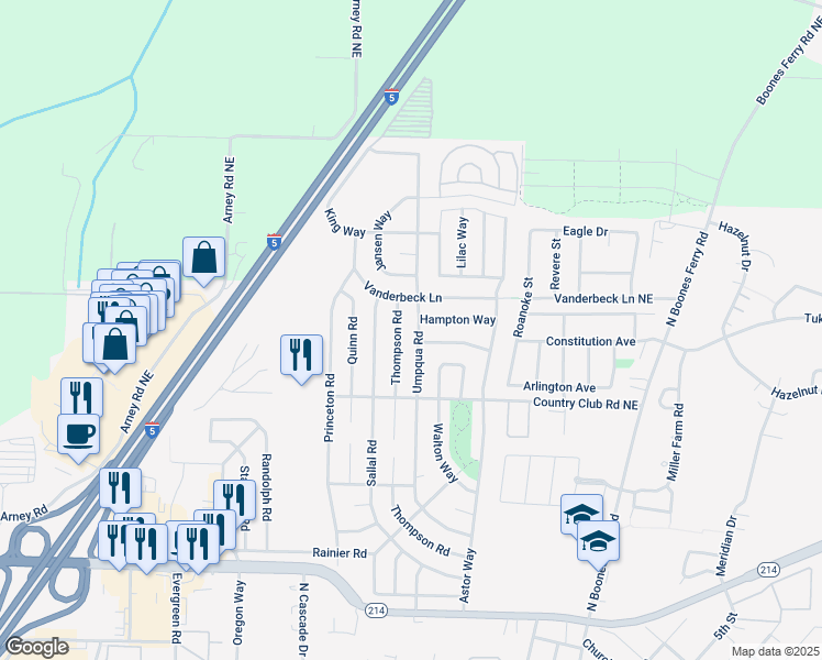 map of restaurants, bars, coffee shops, grocery stores, and more near 1765 Umpqua Road in Woodburn