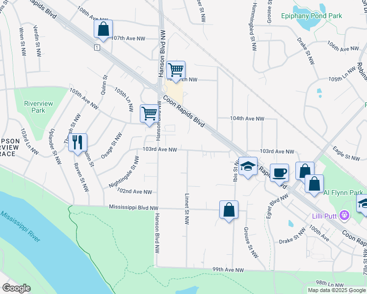map of restaurants, bars, coffee shops, grocery stores, and more near 1921 103rd Avenue Northwest in Minneapolis