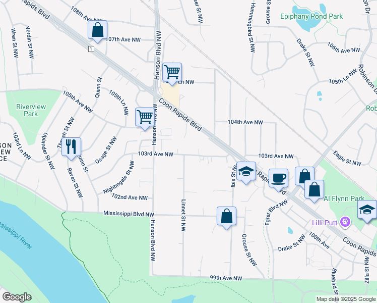 map of restaurants, bars, coffee shops, grocery stores, and more near 1853 103rd Avenue Northwest in Coon Rapids