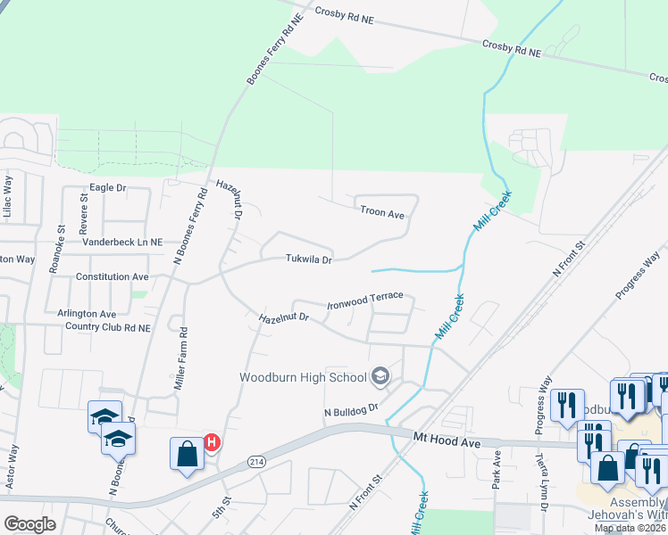 map of restaurants, bars, coffee shops, grocery stores, and more near 582 Tukwila Drive in Woodburn