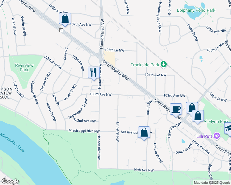 map of restaurants, bars, coffee shops, grocery stores, and more near 1921 103rd Avenue Northwest in Minneapolis