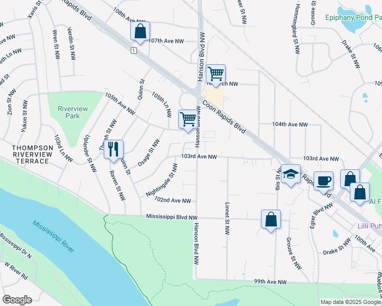 map of restaurants, bars, coffee shops, grocery stores, and more near 2005 103rd Avenue Northwest in Coon Rapids