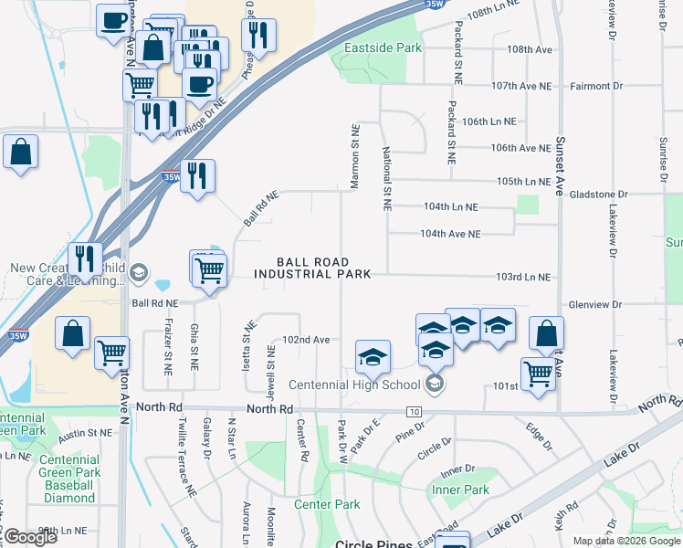 map of restaurants, bars, coffee shops, grocery stores, and more near Lever Street Northeast in Circle Pines