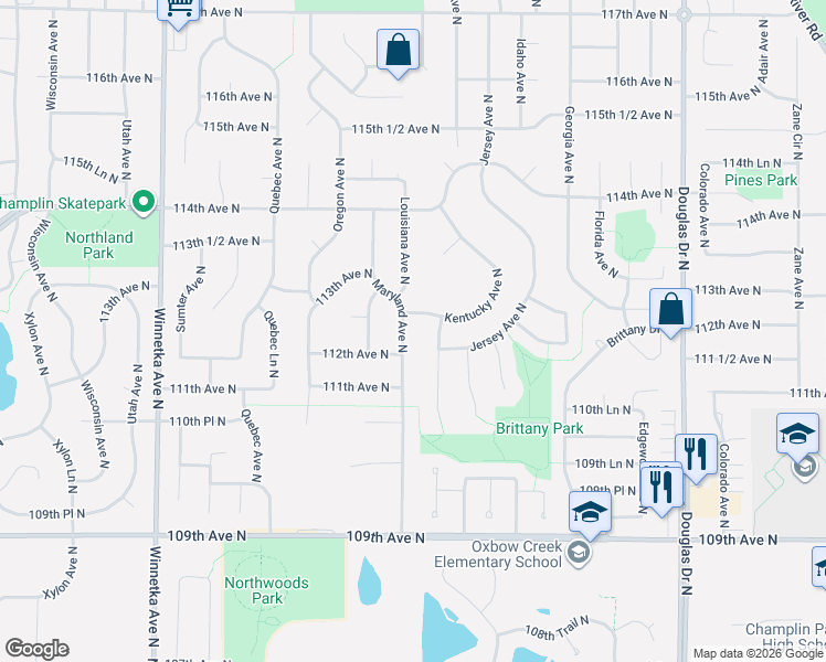 map of restaurants, bars, coffee shops, grocery stores, and more near 11208 Maryland Avenue North in Champlin