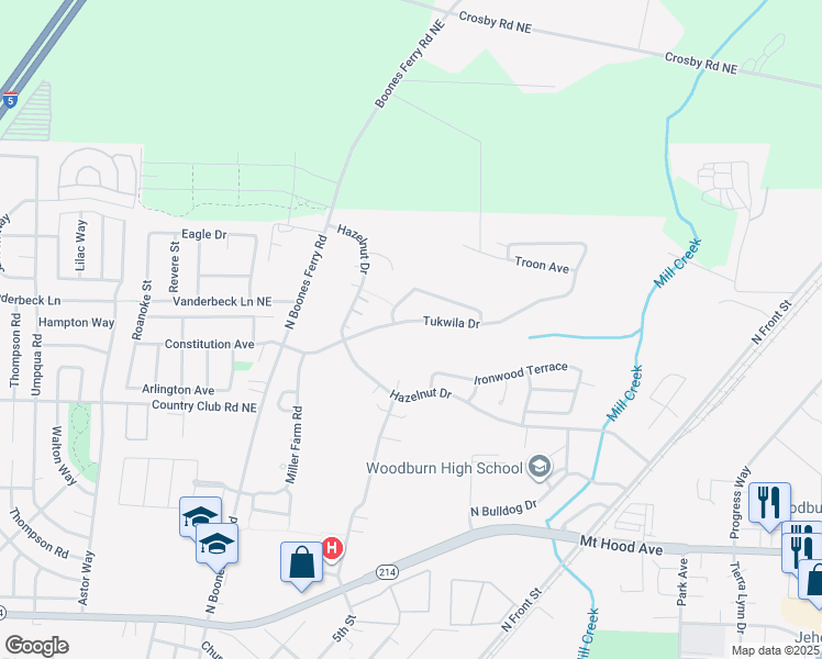 map of restaurants, bars, coffee shops, grocery stores, and more near 762 Tukwila Drive in Woodburn