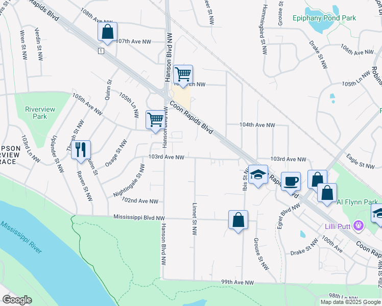 map of restaurants, bars, coffee shops, grocery stores, and more near 1921 103rd Avenue Northwest in Minneapolis