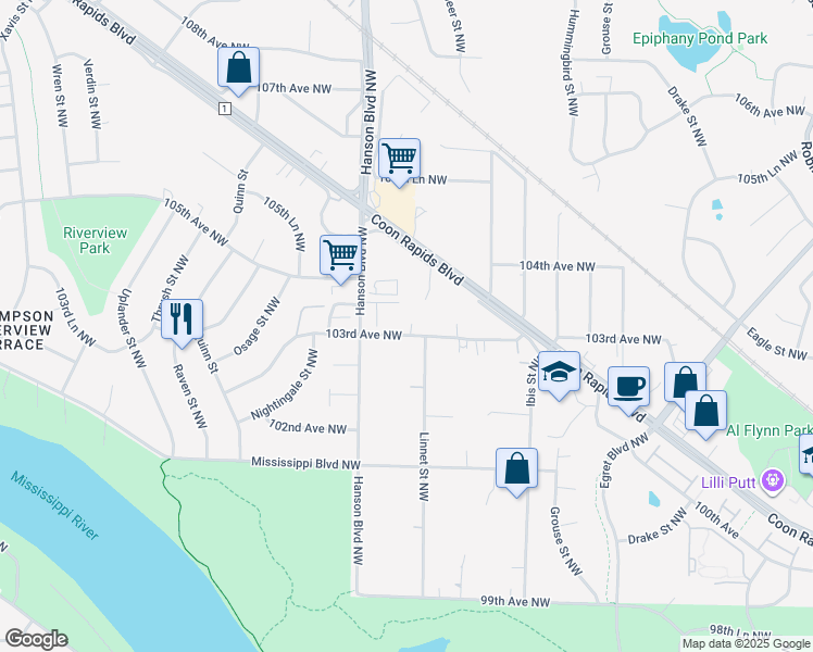 map of restaurants, bars, coffee shops, grocery stores, and more near 1921 103rd Avenue Northwest in Minneapolis