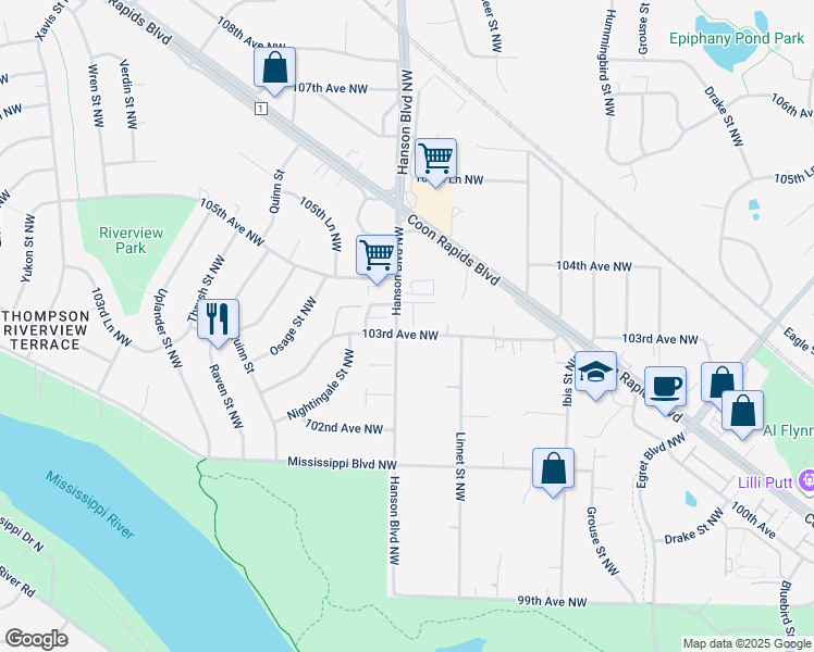 map of restaurants, bars, coffee shops, grocery stores, and more near 2005 103rd Avenue Northwest in Coon Rapids