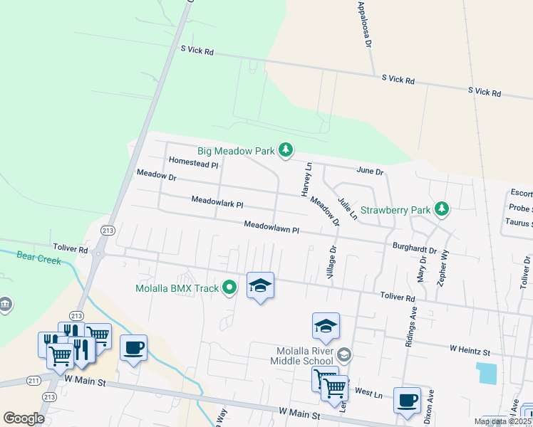 map of restaurants, bars, coffee shops, grocery stores, and more near 940 Meadowlark Place in Molalla