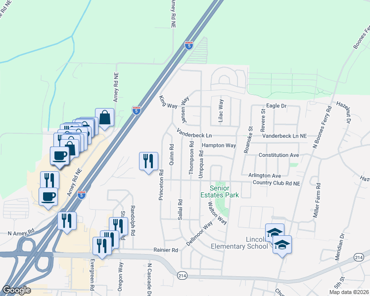 map of restaurants, bars, coffee shops, grocery stores, and more near 2036 Sallal Road in Woodburn