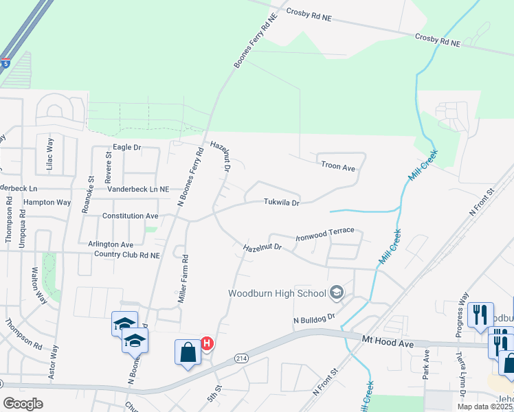 map of restaurants, bars, coffee shops, grocery stores, and more near 762 Tukwila Drive in Woodburn