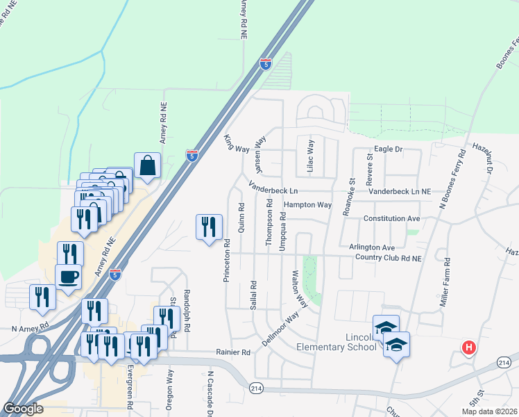 map of restaurants, bars, coffee shops, grocery stores, and more near 2015 Sallal Road in Woodburn