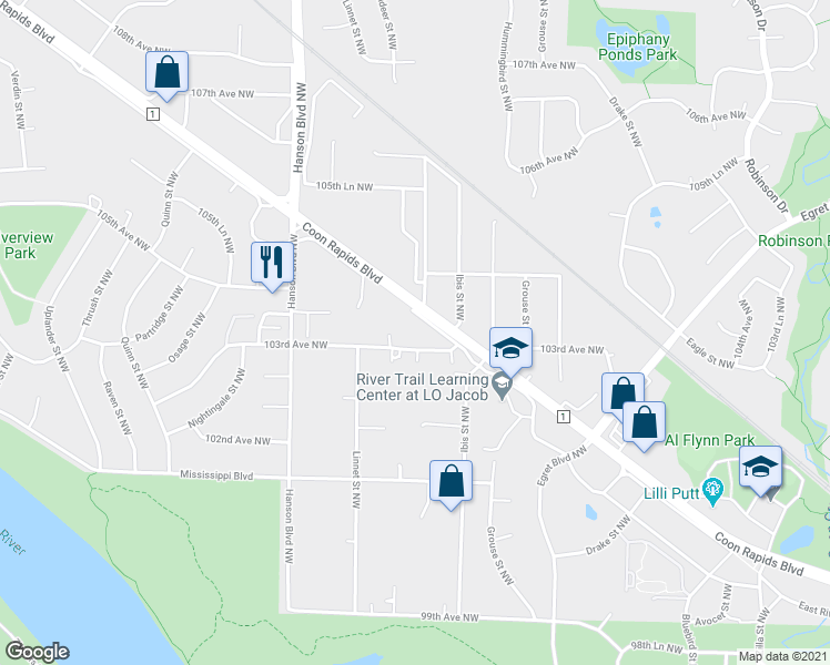 map of restaurants, bars, coffee shops, grocery stores, and more near 1800 Coon Rapids Boulevard Northwest in Coon Rapids