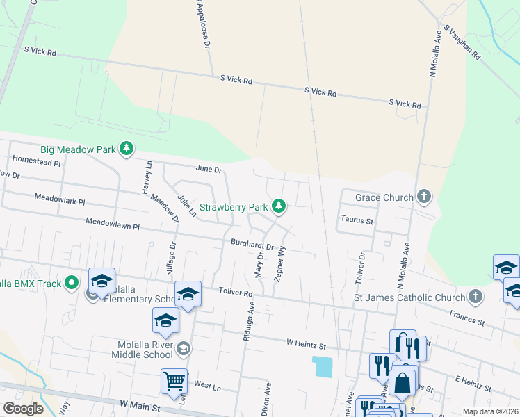 map of restaurants, bars, coffee shops, grocery stores, and more near 675 Shenandoah Drive in Molalla