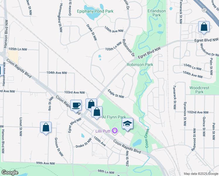 map of restaurants, bars, coffee shops, grocery stores, and more near 10435 Eagle Street Northwest in Coon Rapids