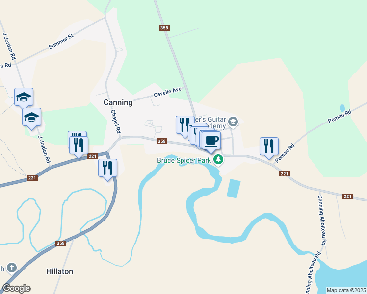 map of restaurants, bars, coffee shops, grocery stores, and more near 9816 Main Street in Canning