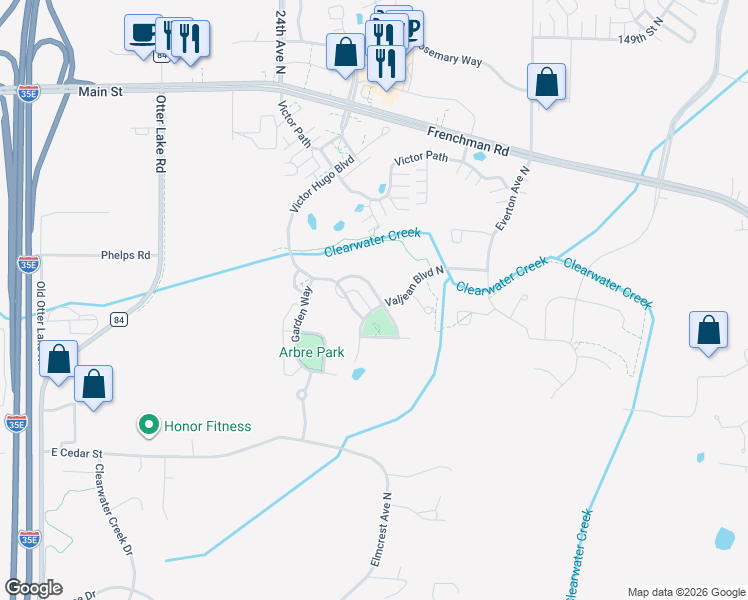 map of restaurants, bars, coffee shops, grocery stores, and more near 14305 Victor Hugo Boulevard in Hugo