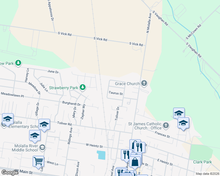 map of restaurants, bars, coffee shops, grocery stores, and more near 280 Probe Street in Molalla