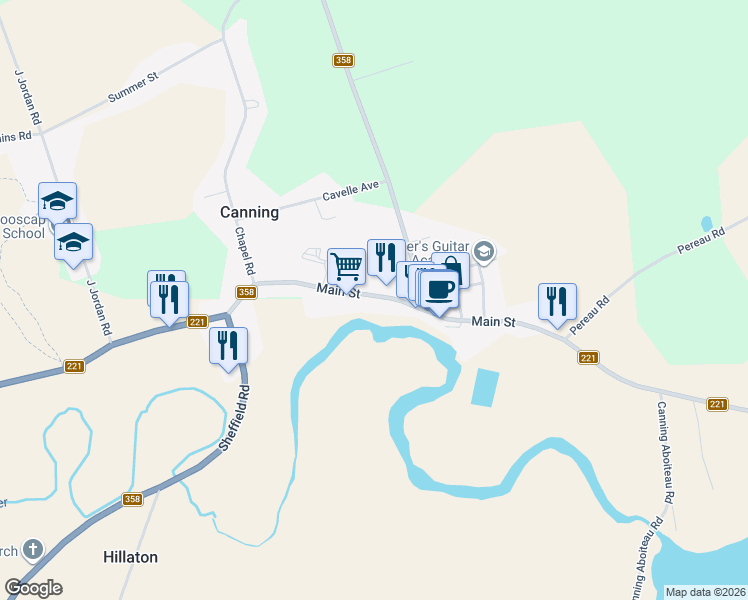 map of restaurants, bars, coffee shops, grocery stores, and more near 9800 Main Street in Canning