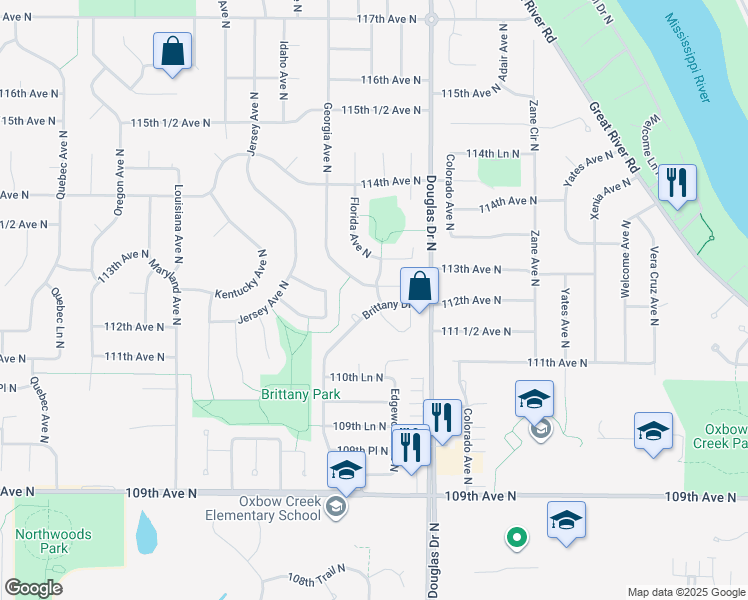 map of restaurants, bars, coffee shops, grocery stores, and more near 11201 Brittany Drive North in Champlin