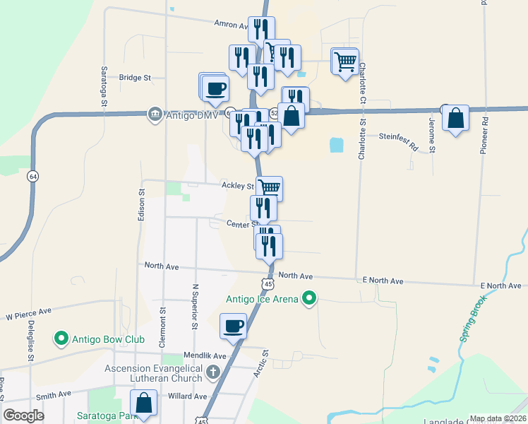 map of restaurants, bars, coffee shops, grocery stores, and more near 1906 Neva Road in Antigo