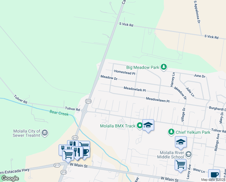 map of restaurants, bars, coffee shops, grocery stores, and more near 1306 Meadowlawn Place in Molalla