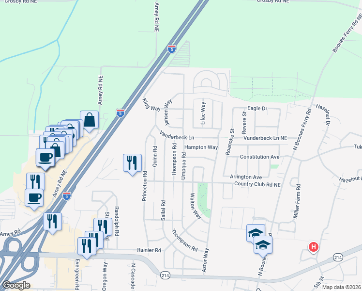 map of restaurants, bars, coffee shops, grocery stores, and more near 1765 Umpqua Road in Woodburn
