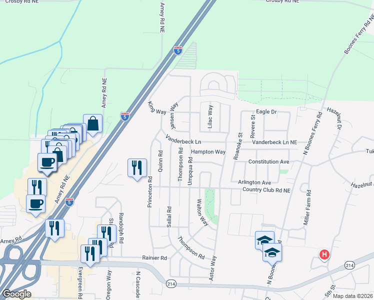 map of restaurants, bars, coffee shops, grocery stores, and more near 1765 Umpqua Road in Woodburn