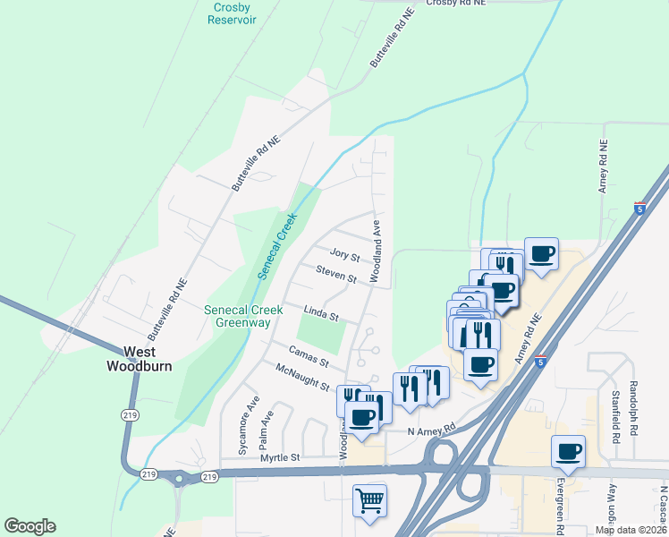 map of restaurants, bars, coffee shops, grocery stores, and more near 3220 Steven Street in Woodburn