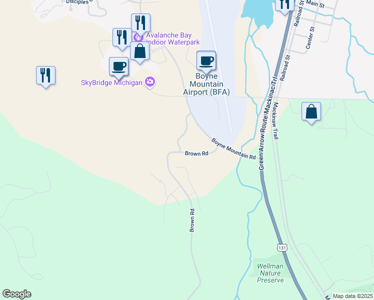 map of restaurants, bars, coffee shops, grocery stores, and more near Brown Road in Boyne Falls