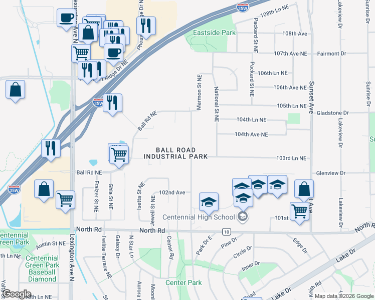 map of restaurants, bars, coffee shops, grocery stores, and more near 10322 Lever Street Northeast in Circle Pines