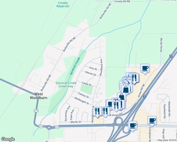 map of restaurants, bars, coffee shops, grocery stores, and more near 3413 Hawthorn Circle in Woodburn