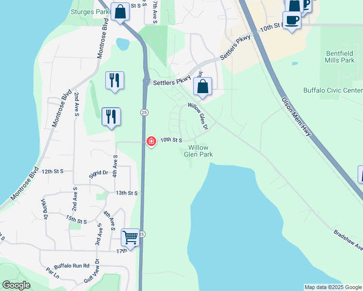 map of restaurants, bars, coffee shops, grocery stores, and more near 606 10th Street South in Buffalo