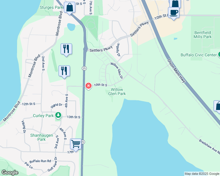 map of restaurants, bars, coffee shops, grocery stores, and more near 706 10th Street South in Buffalo