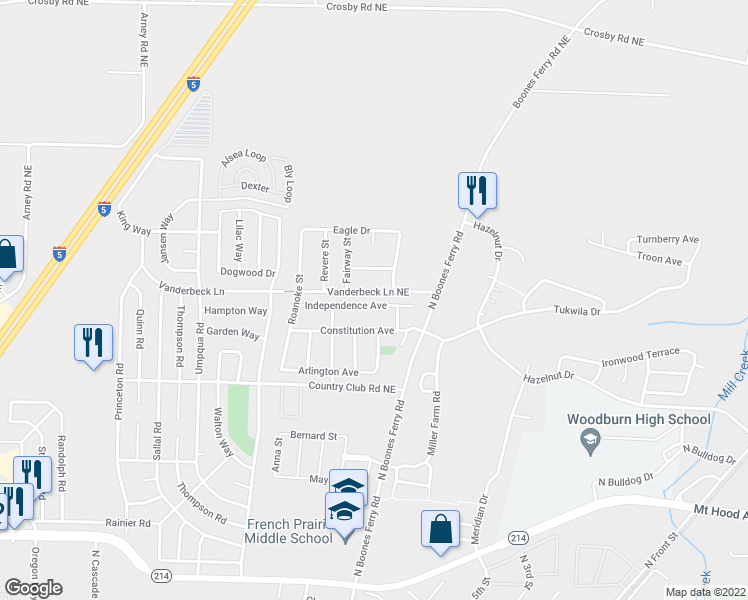 map of restaurants, bars, coffee shops, grocery stores, and more near 1241 Independence Street in Woodburn
