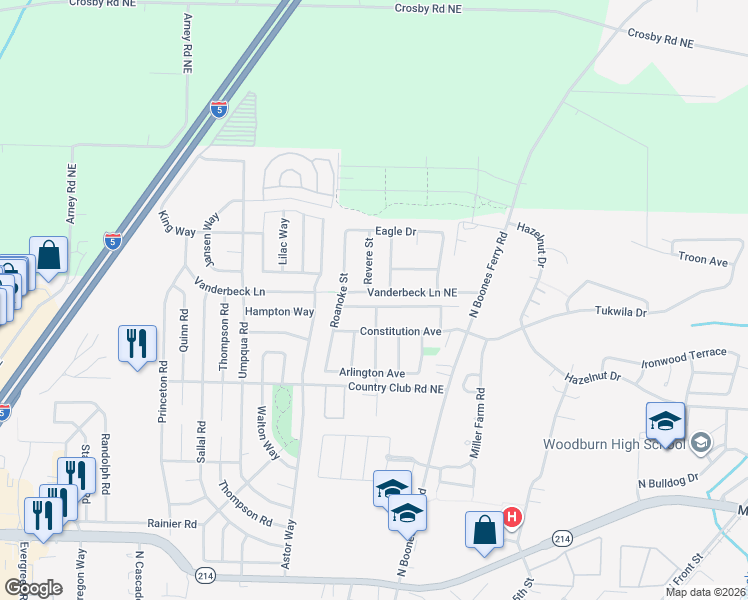 map of restaurants, bars, coffee shops, grocery stores, and more near 1389 Constitution Avenue in Woodburn